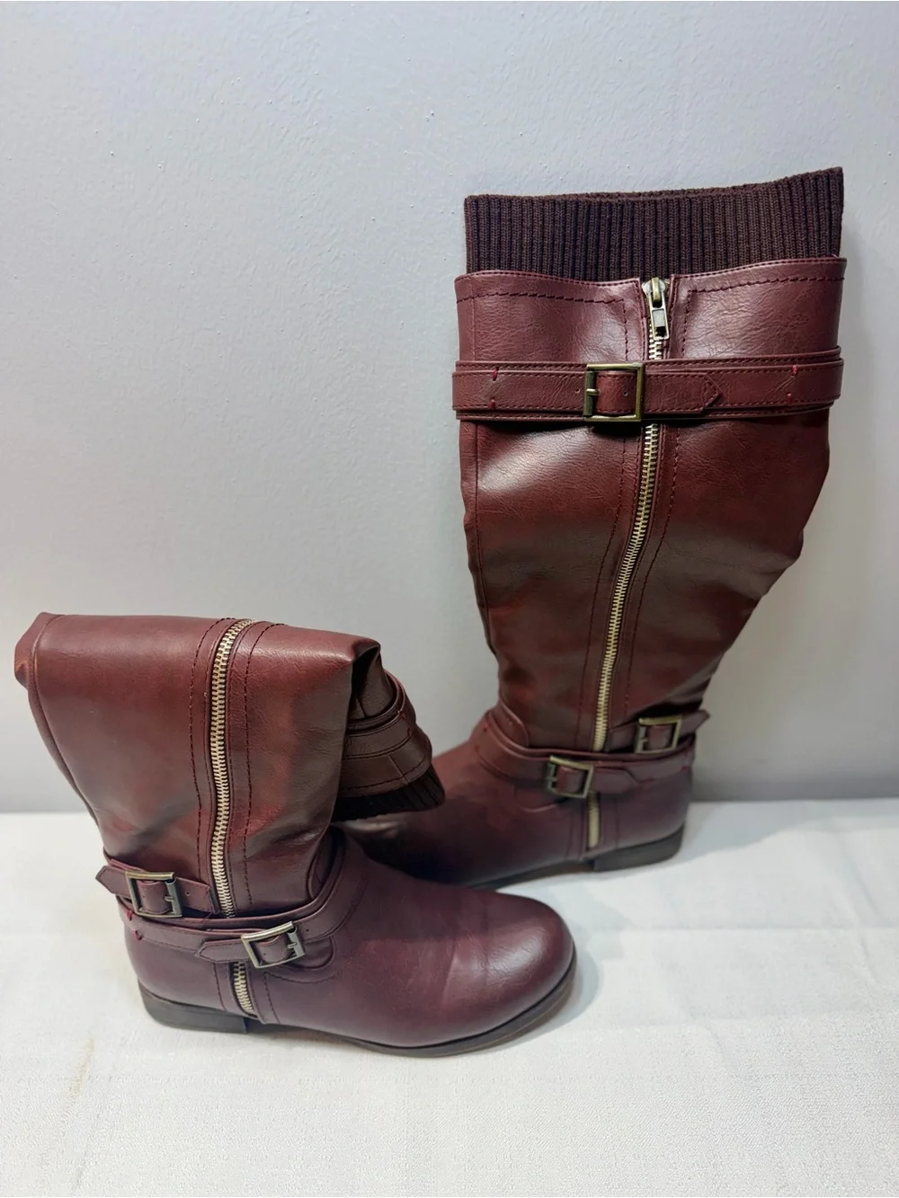 JustFab Wine-Red Tall Riding Boots with Knit Cuff & Buckle Details